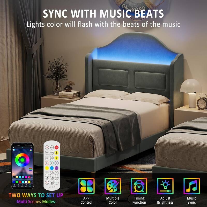 Twin Size Upholstered Velvet Platform Bed Frame for Kids with LED Lights Bookcase Headboard