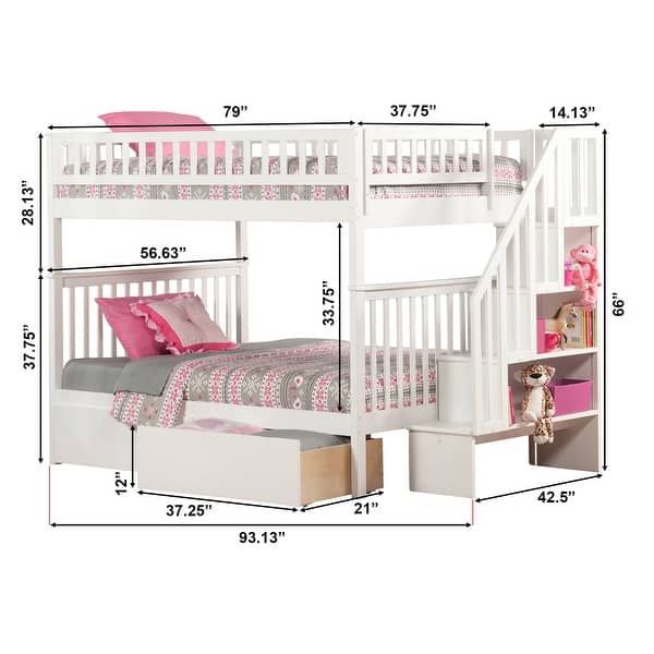 dimension image slide 0 of 2, Woodland Full over Full Solid Wood Staircase Bunk Bed with 2 Storage Drawers in White