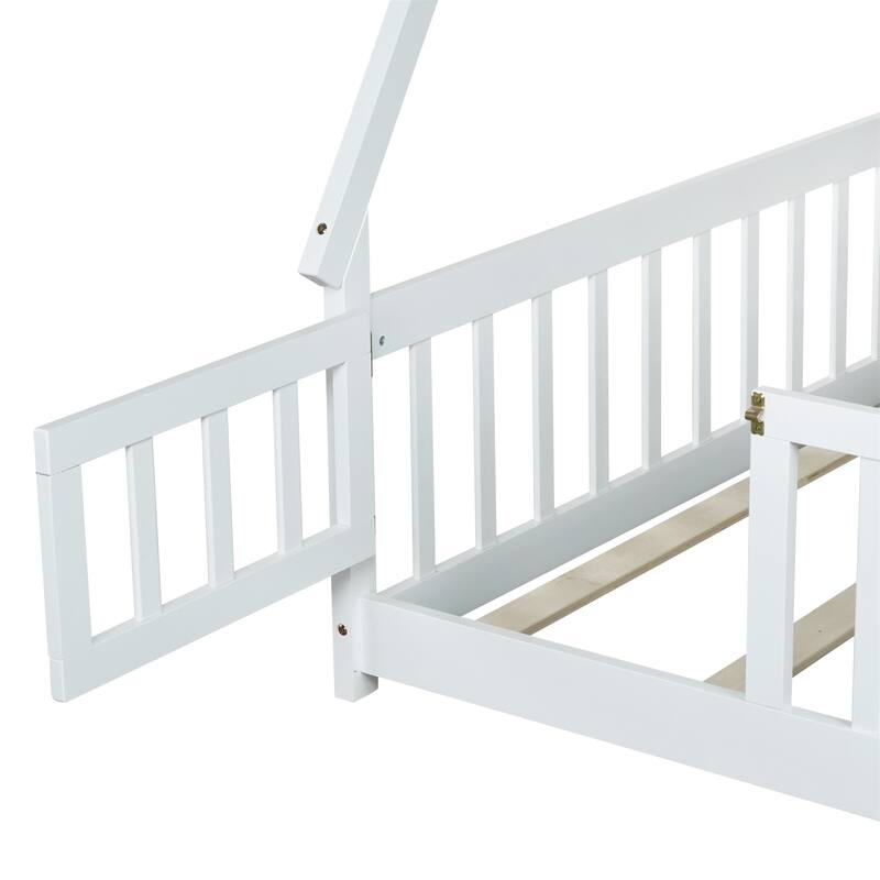 Full Size Rubber Wood Tent-shaped Floor Bed with Guardrails