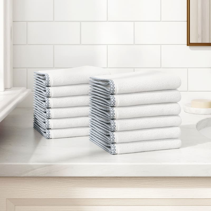 Linery & Co. Quick-Dry Cotton and Decorative Border Towel Set - White / Chambray Blue - Washcloth (Pack of 12)