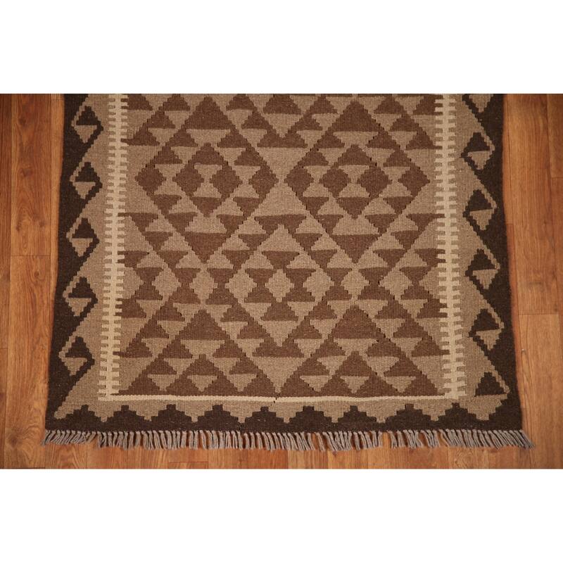 Brown Kilim Rug Hand-woven Geometric Wool Foyer Carpet - 3'2" x 5'2"