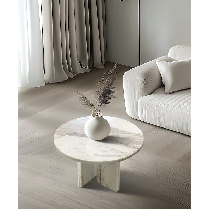 17.7" Natural Marble Stone Coffee Table for Primary Living Space - White+Natural