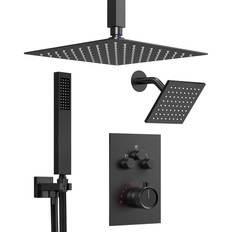 GRANDJOY Dual Shower Heads System 12" & 6" Rainfall Shower Head with Handheld Sprayer - Matte Black
