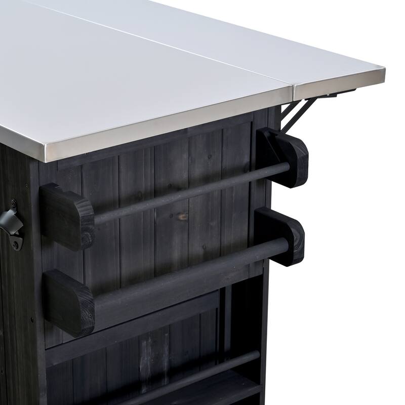 Extendable 41.9" Outdoor Kitchen Island with Stainless Steel Top and Side Spice Rack, Kitchen Cart with Drawers, Storage Cabinet