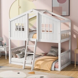 Wooden Twin Over Twin House-shaped Bunk Bed With Ladder, Windows and Guardrails