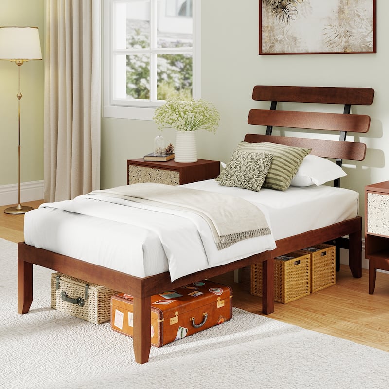 Walnut Twin Size Wooden Platform Bed Frame with Vintage Headboard and Under Bed Storage Solid Rubber Wood Construction