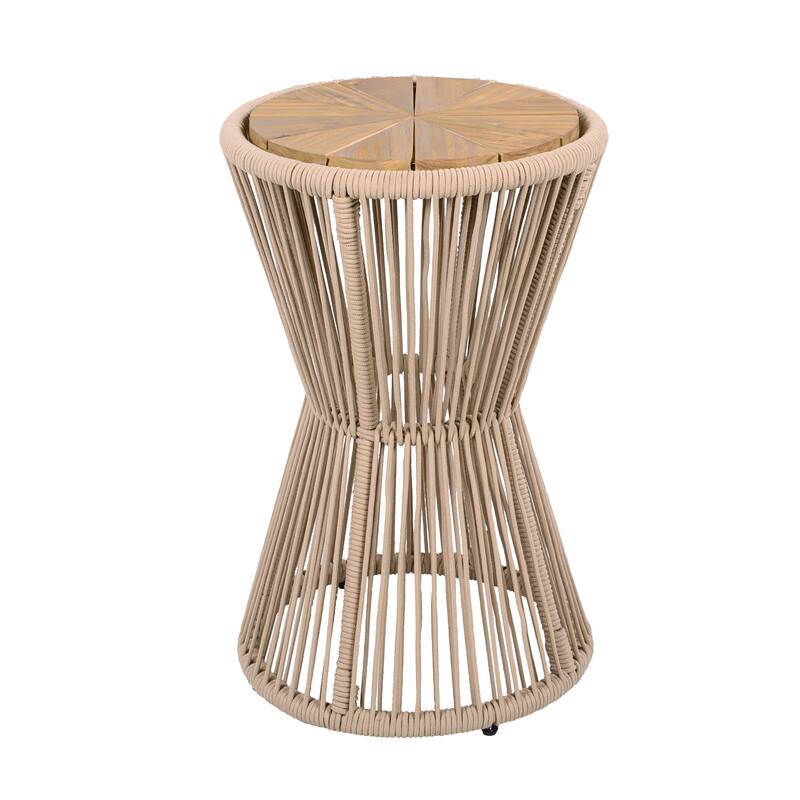 Roomfitters 25.8" Outdoor Side Table Modern Woven Rope Hourglass Patio Accent Table with Teak Wood Finish Top