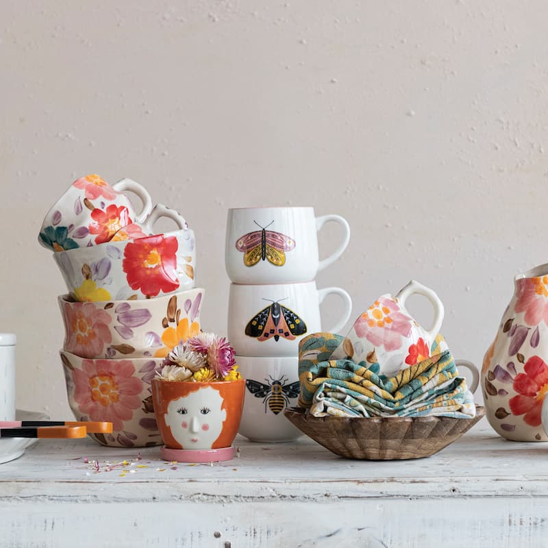 Stoneware Mugs with Painted Winged Insects - 5.3"L x 4.0"W x 3.8"H
