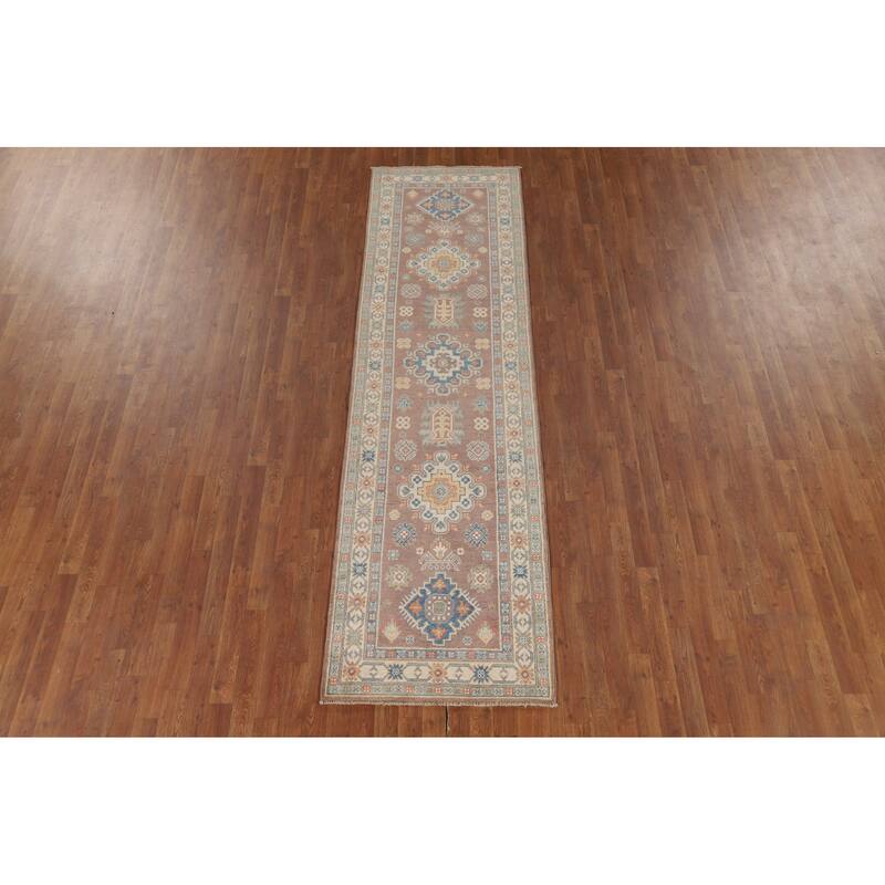 Geometric Kazak Oriental Runner Rug Handmade Wool Carpet - 2'9" x 9'10"