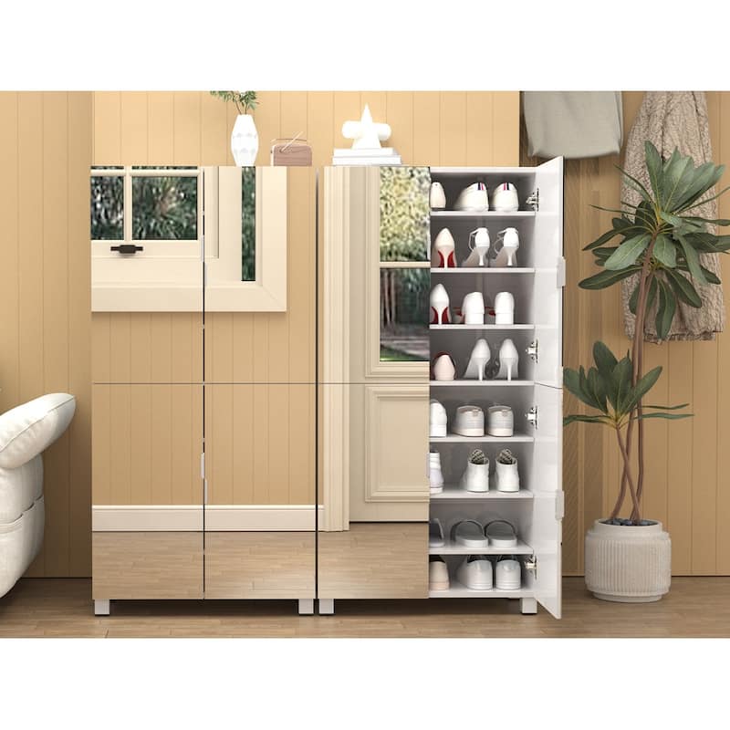Shoe Cabinet with 4 Mirror Doors- 50"Tall Entryway Storage, 8 Adjustable Shelves, Holds 24-32 Pairs (Size 15)