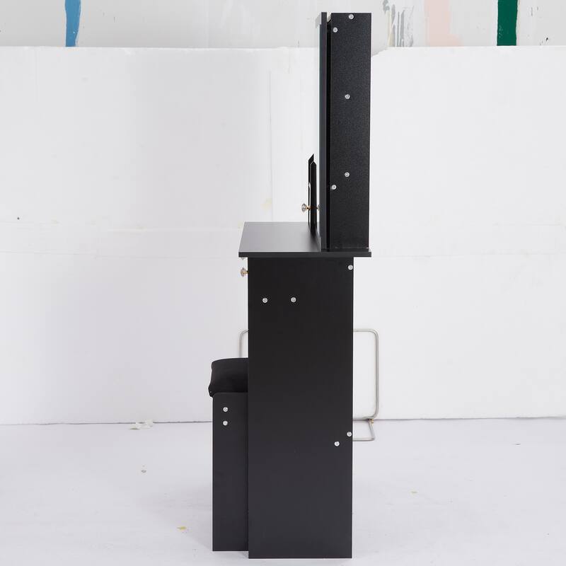 29.2" Small Space Left Drawer Desktop Vanity Table + Cushioned Stool, Extra Large Right sliding mirror