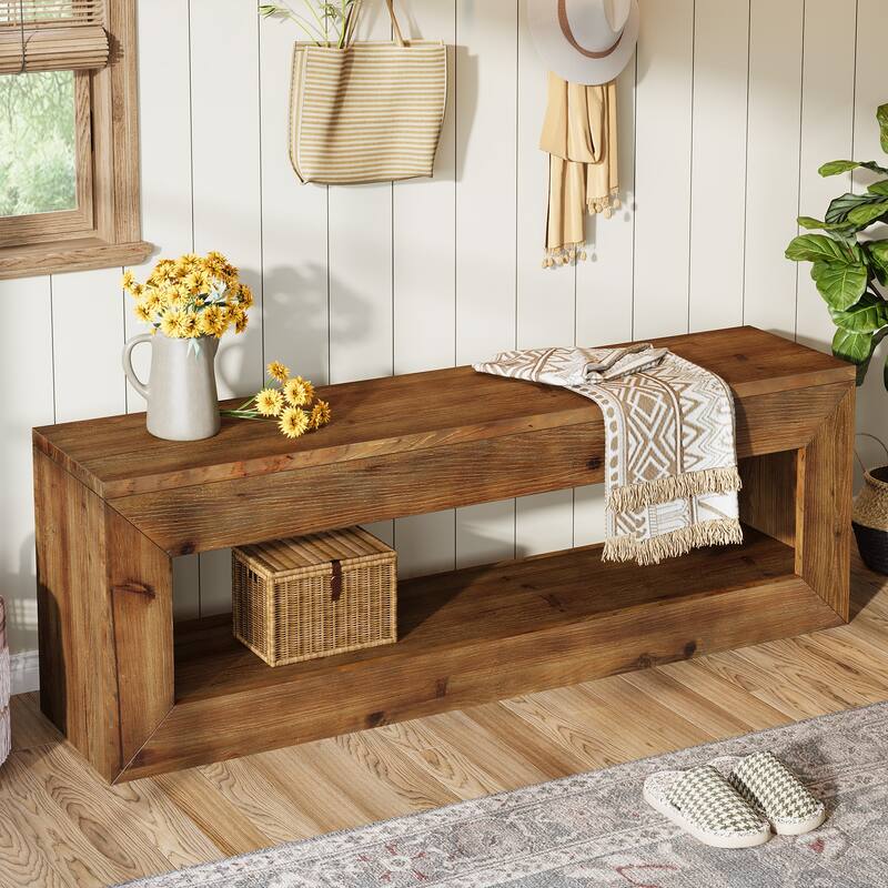 Solid Wood Entryway Bench, 47" Rustic Farmhouse Indoor Bench Seat with Storage Shelf for Entrance