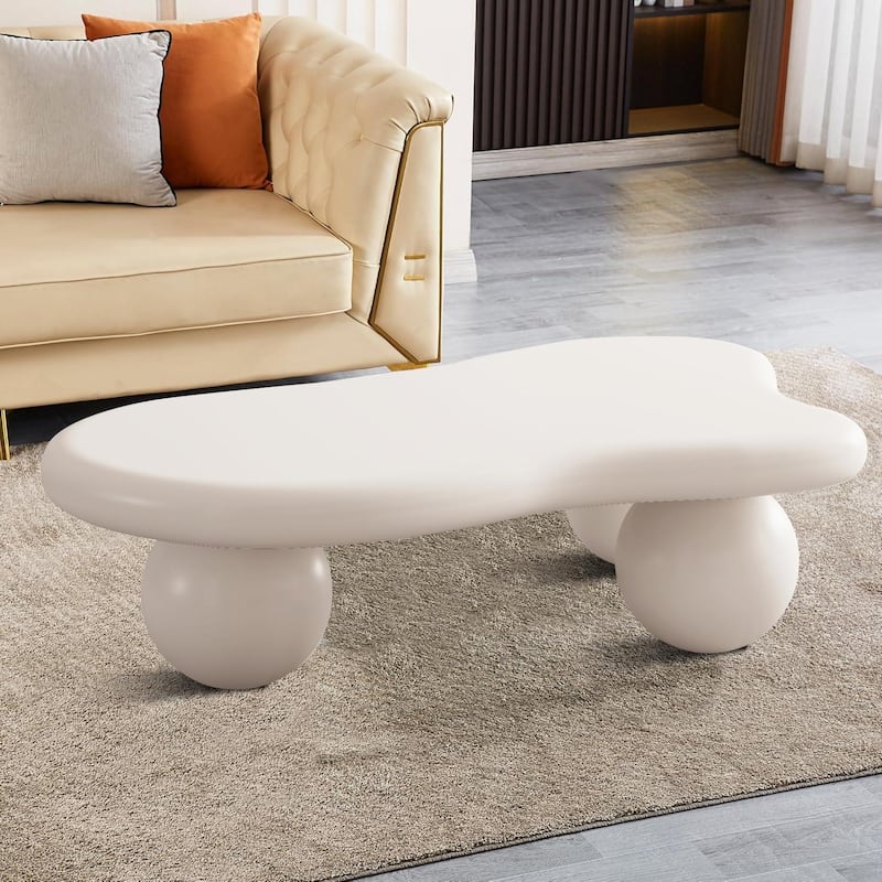 Modern Minimalist Cloud Coffee Table with Wood Legs for Bedrooms, Living Rooms and Lounges - Beige Top+Beige Ball Legs - 40"W x 26.8"D x 11.7"H