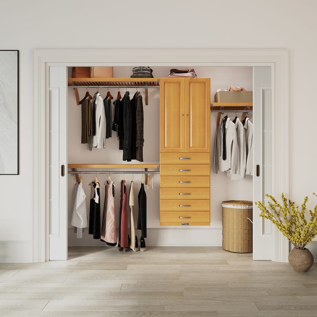 John Louis Home Solid Wood Reach-In Closet System with 6-Drawers and Raised Panel Doors Honey Maple
