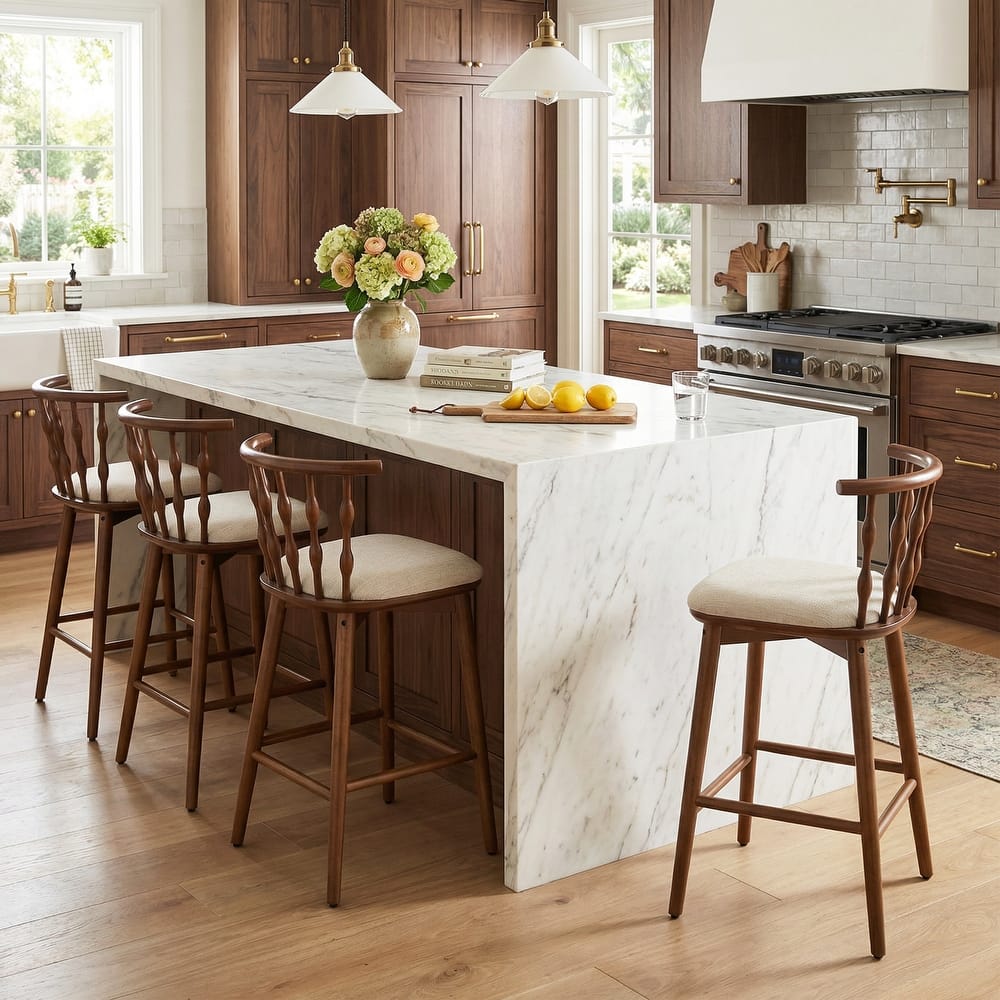 Christopher Knight Home - Leontius Bar Stool with Rubberwood Frame and Hourglass Backrest