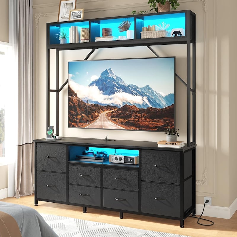 TV Stand for Living Room with LED Lights & Power Outlets TV Stand Dresser - Black - 6 PU Fabric Drawers