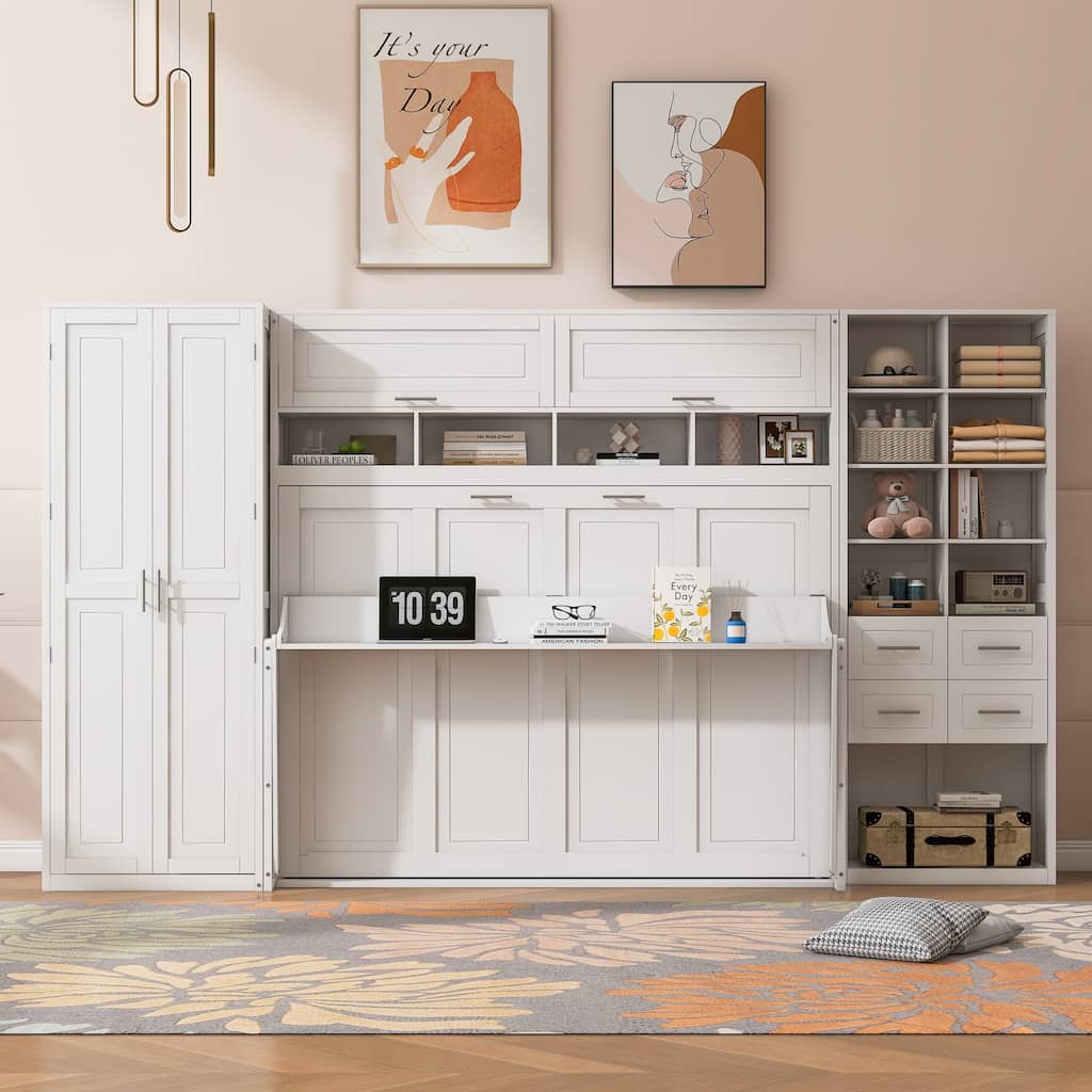 Full/Queen Murphy Bed with Built-In Closet & Drawers Foldable Space-Saving Wall Bed Adjustable Shelves, Customizable Layout