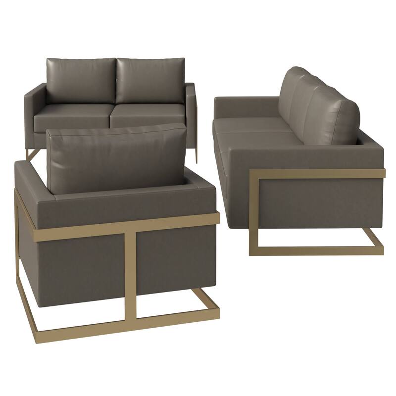 3-Piece Leather Sofa Set with Gold Stainless Steel Base and Removable Cushions