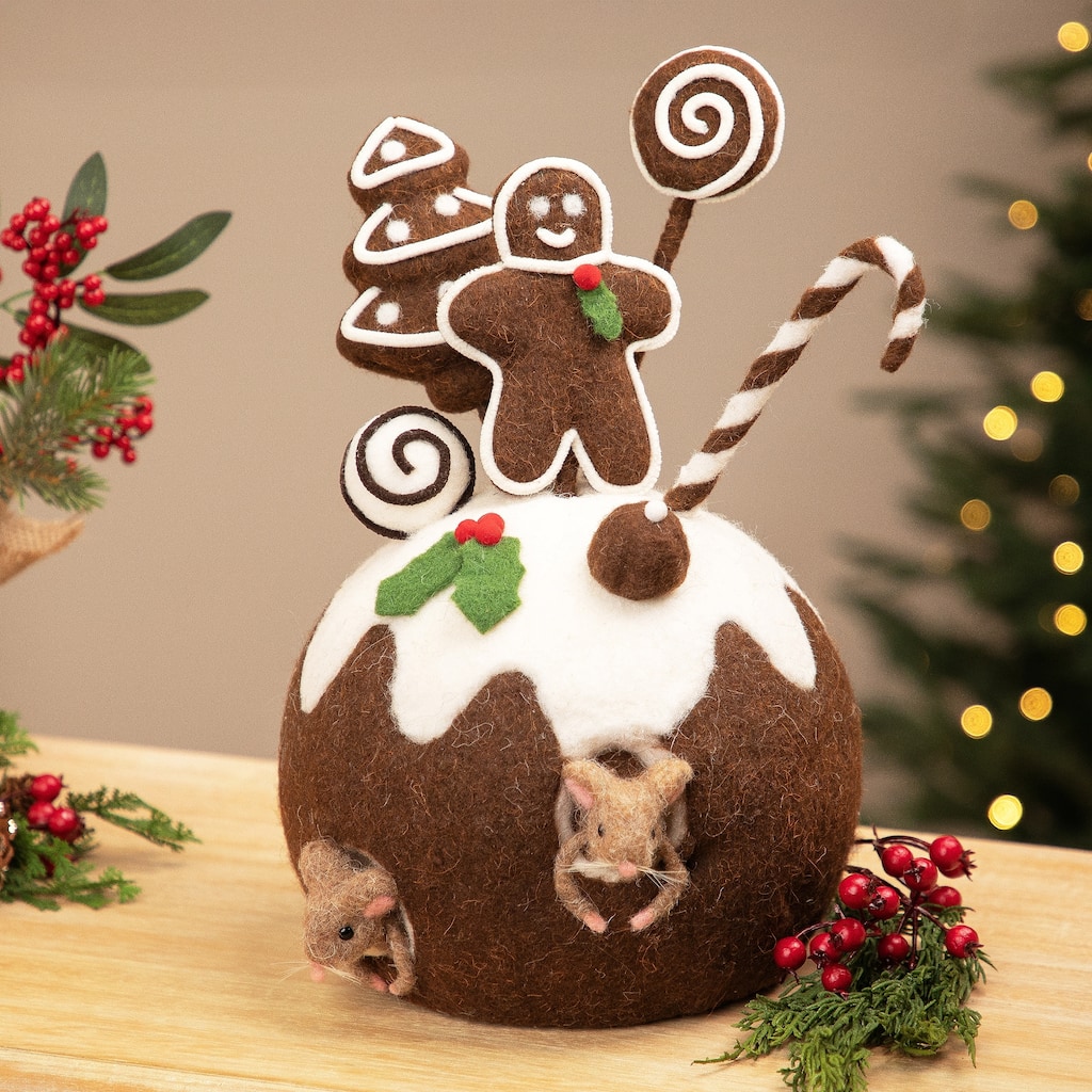 Gingerbread Cake and Mice Christmas Decoration - 13" - Brown and White