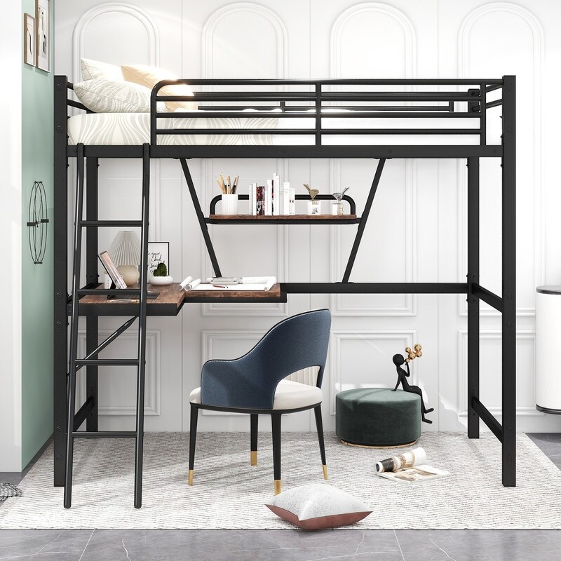 Metal loft bed with desk and discount shelves