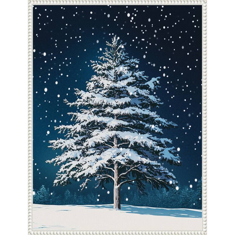 Winter Snowy Pine Tree by Pictufy Studio Framed Canvas Wall Art Print - Sylvie Beaded White