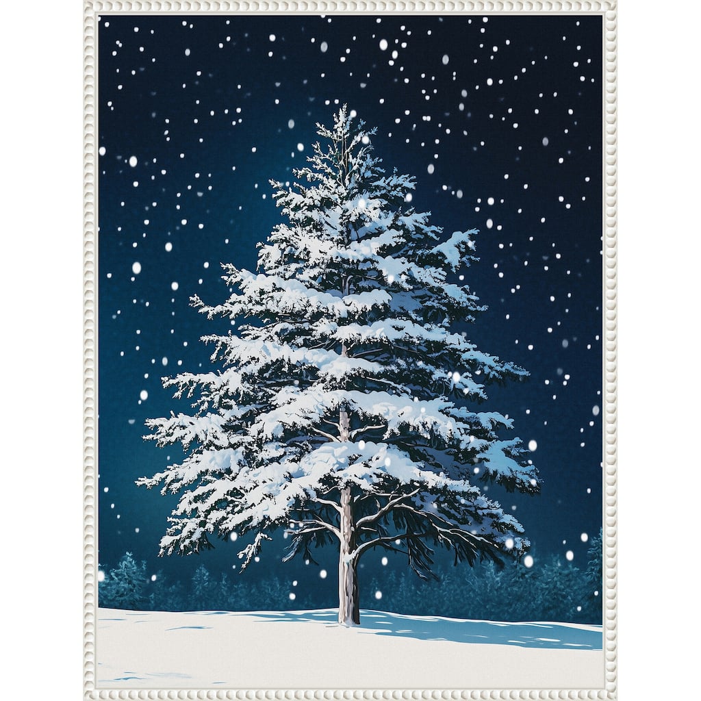 Winter Snowy Pine Tree by Pictufy Studio Framed Canvas Wall Art Print - Sylvie Beaded White