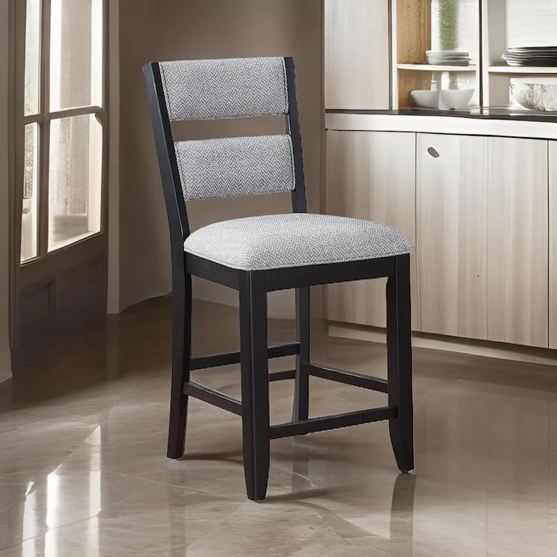 Kara 26 Inch Counter Height Chair Set of 2, Wood Frame, Upholstered, Gray