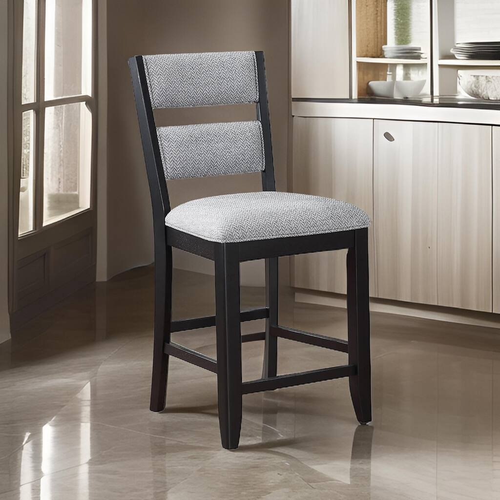 Kara 26 Inch Counter Height Chair Set of 2, Wood Frame, Upholstered, Gray