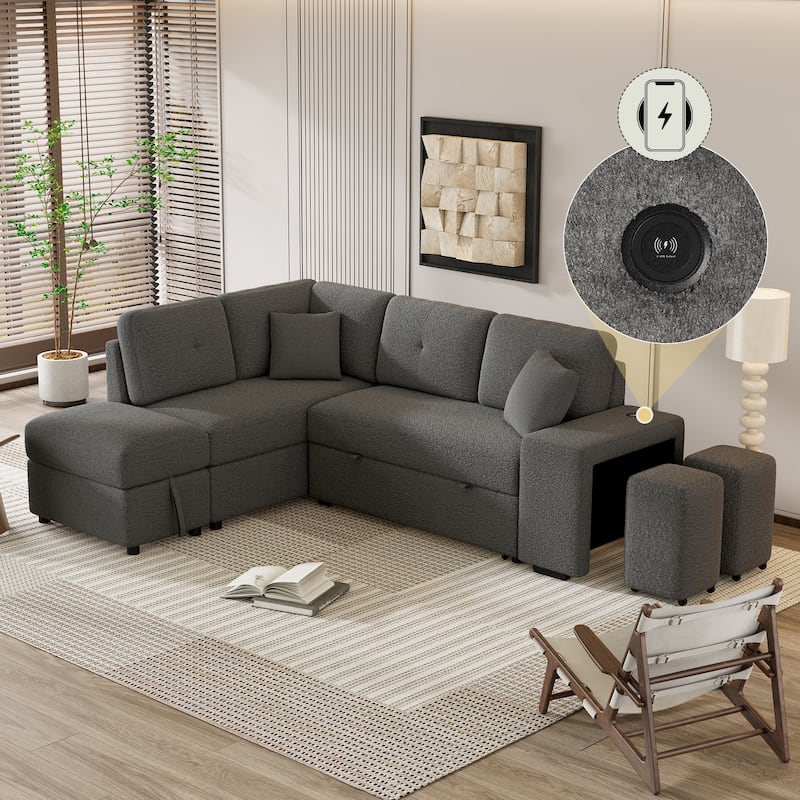 Roomfitters Convertible Sleeper Sectional Sofa Bed with Storage Ottoman, Two Throw Pillows, Two Stools, Wireless Charger - Dark Grey