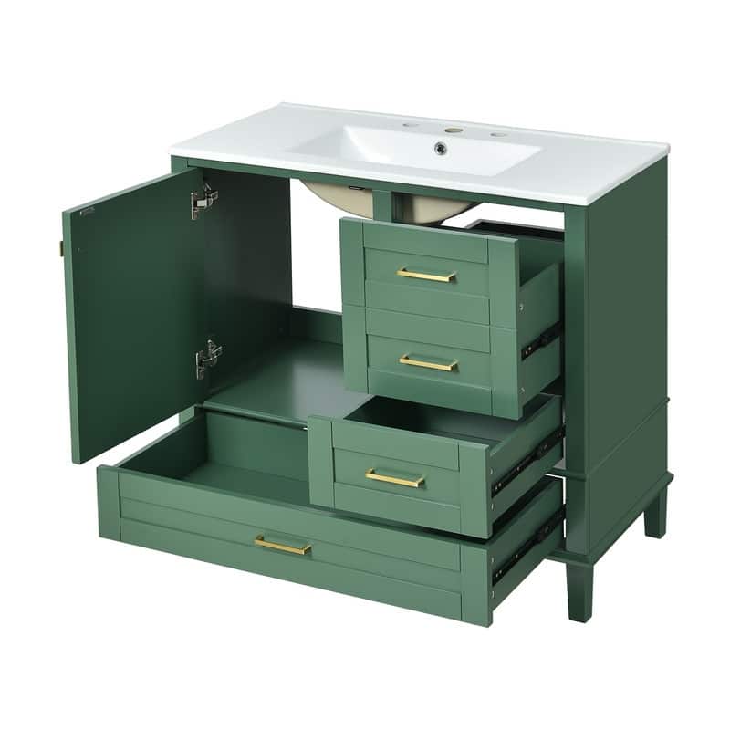 Contemporary 36-inch White Bathroom Vanity Cabinet with a Sturdy Pine Frame, 1 Soft Close Door and 3 Drawers.