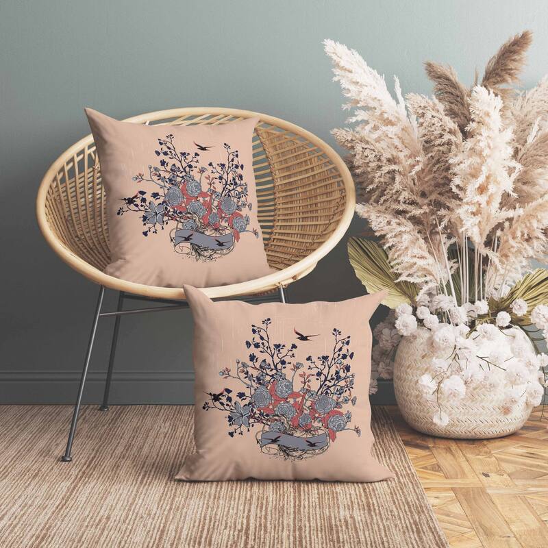 Elegant Floral Bouquet Faux Suede Reversible Throw Pillow Gray and Almond