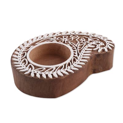Novica Handmade Paisley Glow Wood Tealight Candle Holder