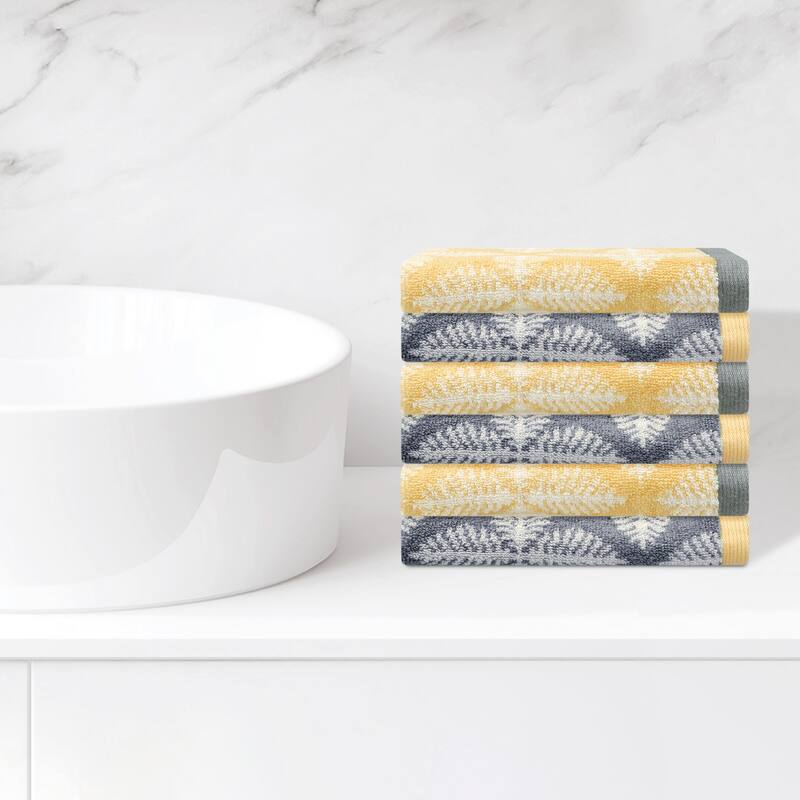 Cotton Comfort Washcloths, Highly Absorbent and Lightweight Face Towels for Hotel, Spa, Bathroom 13" x 13" - Leaf-Pattern - 6 Pack