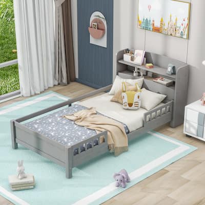 Twin Bed with Storage Headboard and Guardrail, Wood Twin Platform Bed Frame with Built-in LED Light