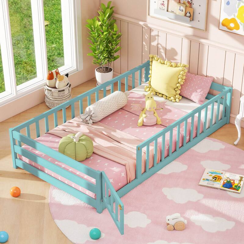 Costway Twin Size Floor Bed with Door & Fence with Safety Guardrails &