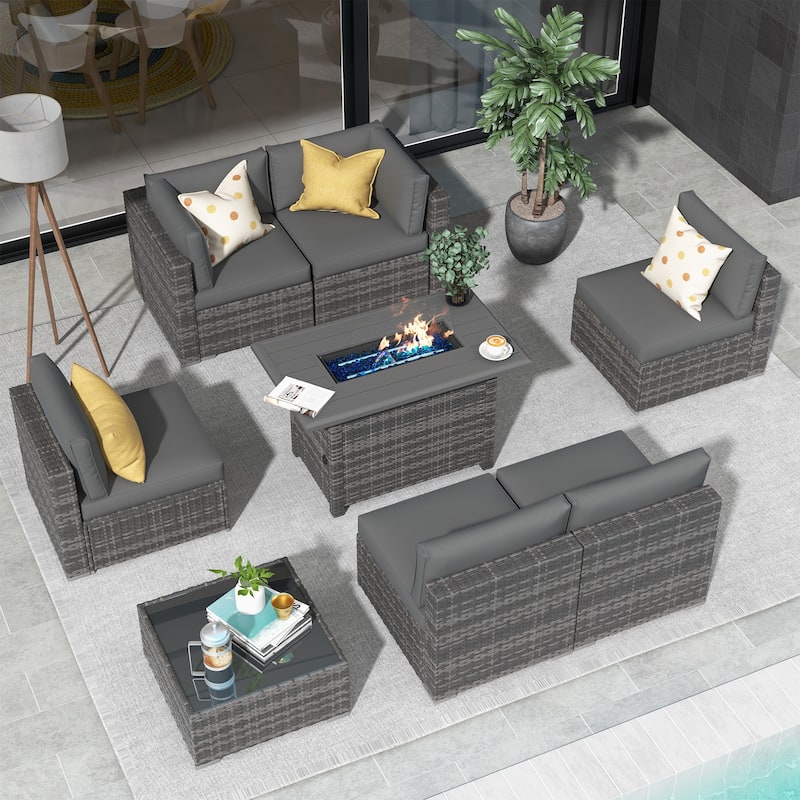 Outdoor 8 Pieces Sectional Wicker Sofa Set with Fire Pit - Grey