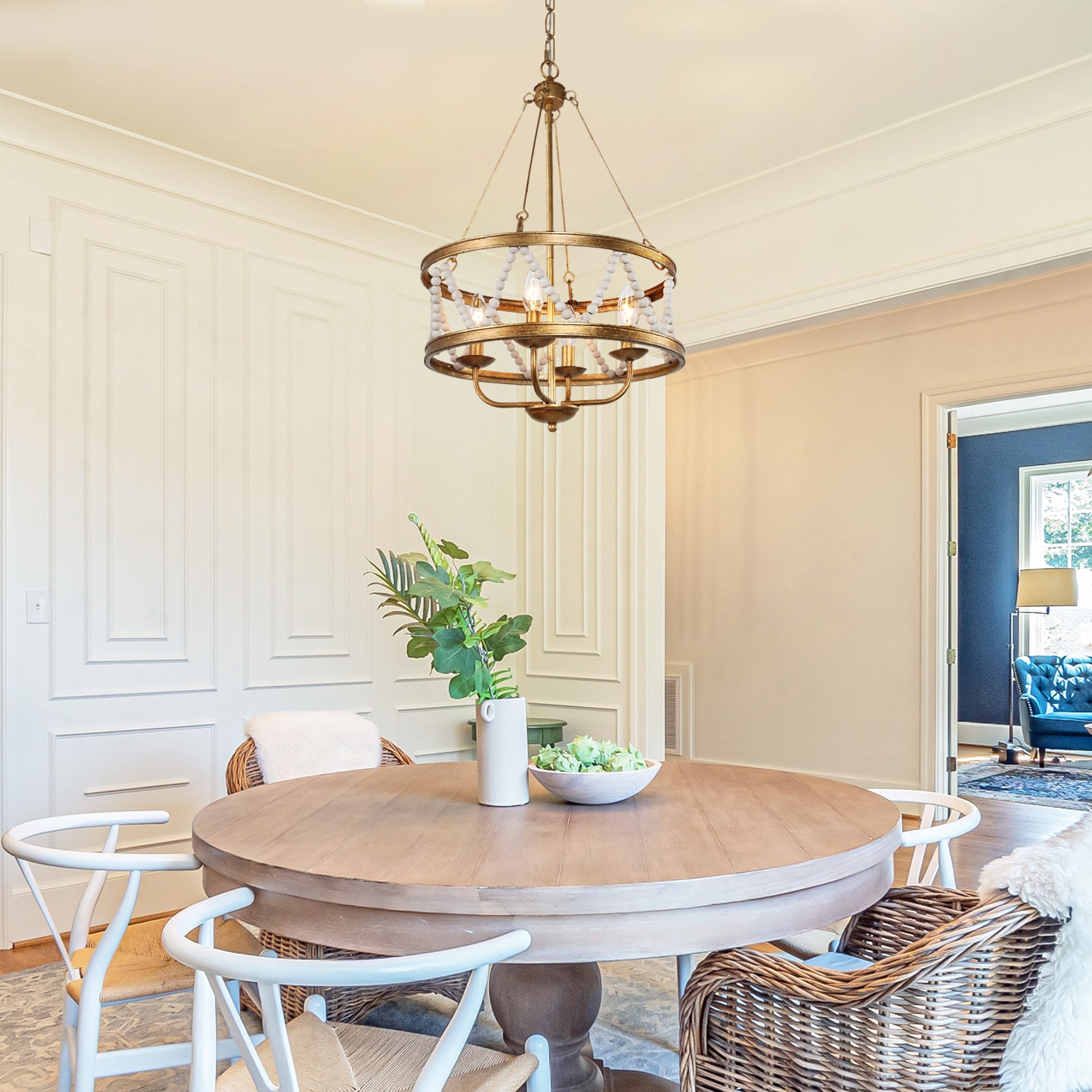 Coasa Modern Boho 4 light Brass Chandelier Wooden Beads Fixtures Lighting for Entryway Dining room D15.5 x H85