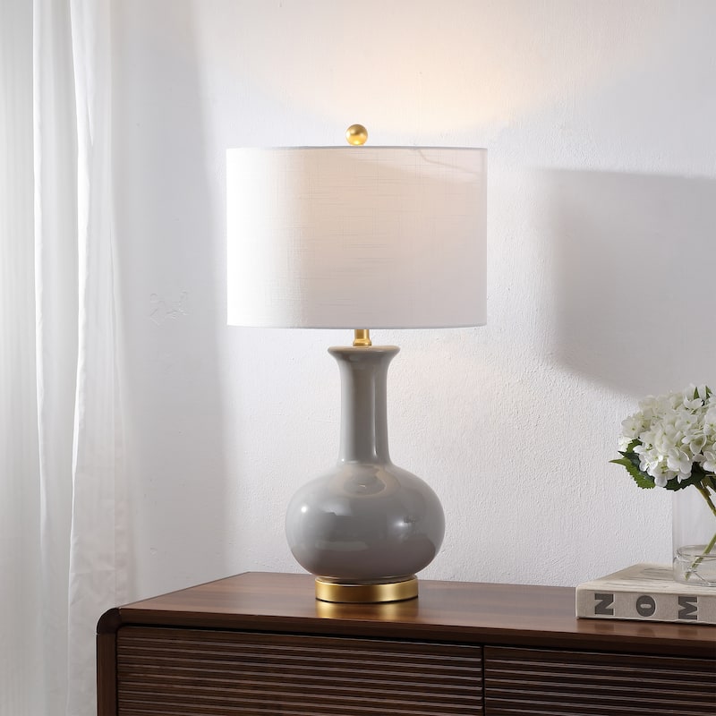 School 27" Ceramic/Metal LED Table Lamp, White/Gold Leaf by JONATHAN Y - Gray