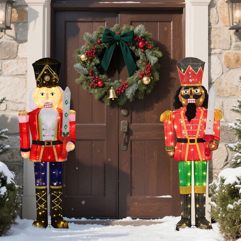 5 Ft Lighted Nutcracker Soldier with 100 LED Lights and Glitter Sword for Indoor Outdoor Decor - Multi - 21.5" x 5 ft