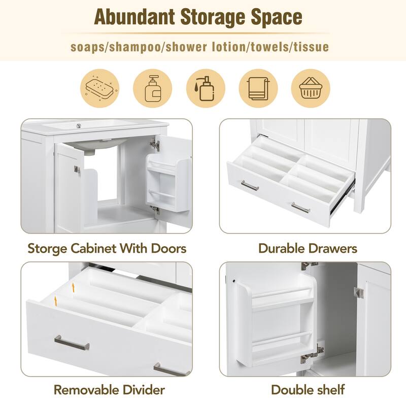 30 Inch Freestanding Bathroom Vanity with Rectangular Ceramic Sink, Two Doors, and Storage Drawer - Elegant Finish