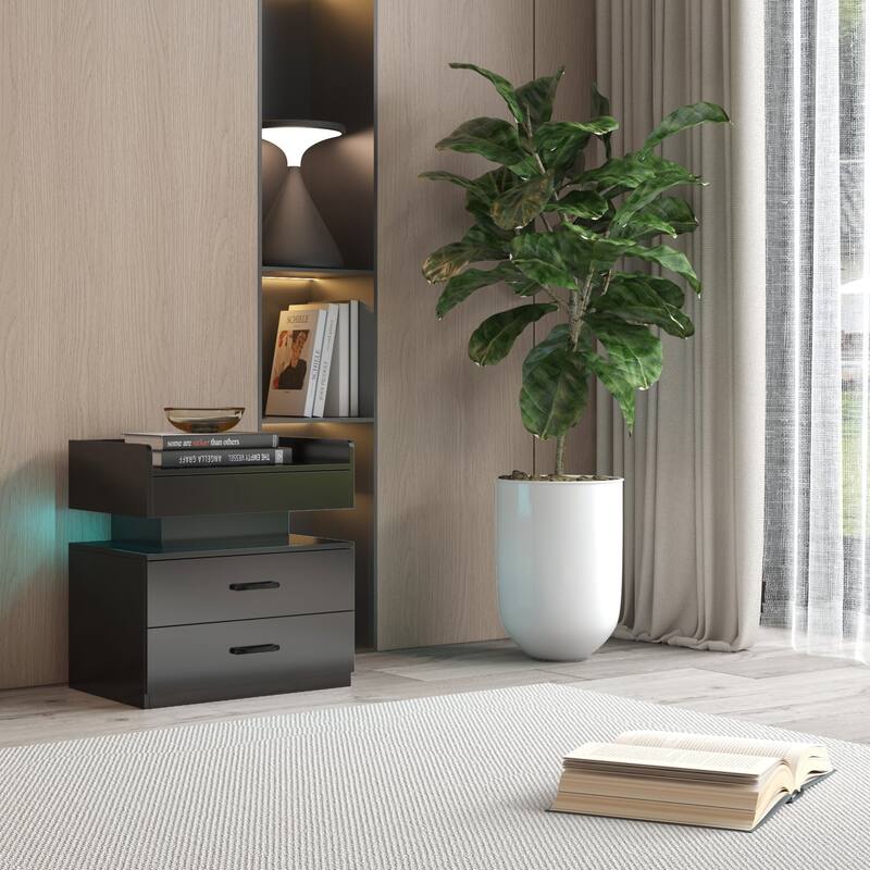 Nightstand with LED Strip Light and 2 Drawers, Bedside End Table with Storage for Bedroom Living Room Study