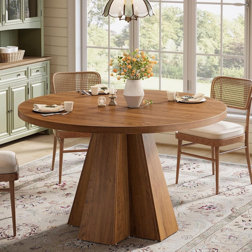 Round Dining Table, Farmhouse Circle Kitchen Table with Pedestal Base