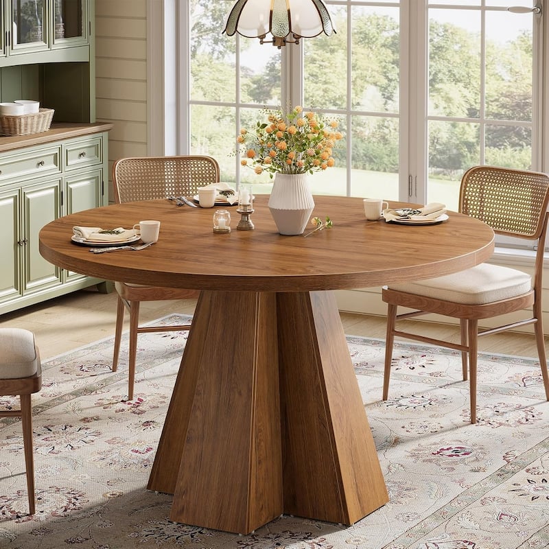 Round Dining Table for 4, Farmhouse Circle Kitchen Dinner Table for Dining Room - Brown