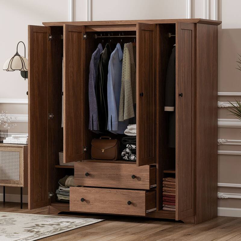 4 Door Wardrobe Armoire Closet with 2 Drawers, 60.6''L x 20.8''W x 68.5''H