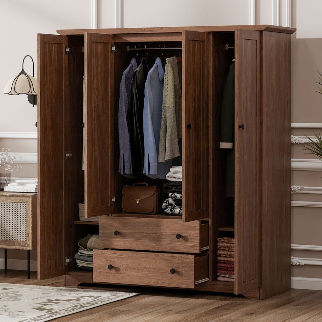 4-Door Wardrobe Armoire Closet with 2 Drawers, Brown Clothing Storage Cabinet Organizer with Hanging Rod