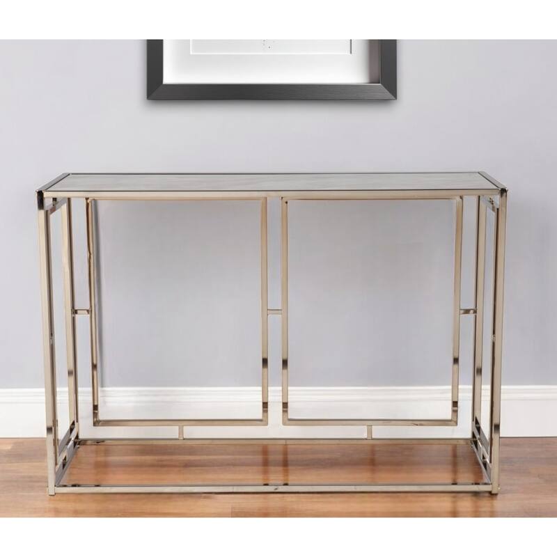 Champagne Faux Marble Console Table Gold Metal Frame and Rectangular - 43.75" L x 16" W x 29.5" H