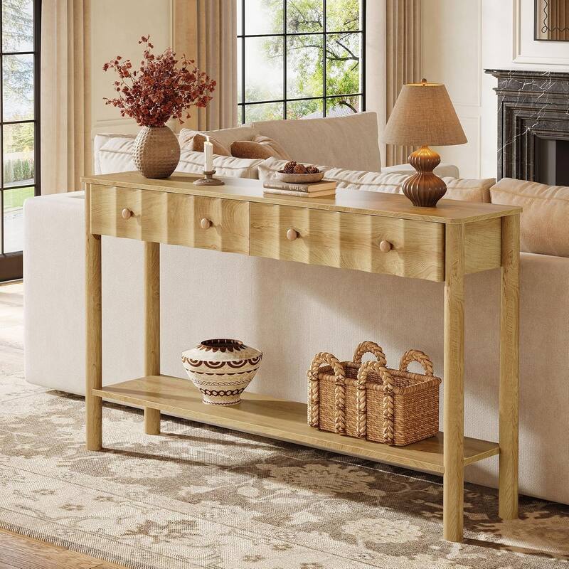55-Inch Modern Console Entryway Table with 2 Drawers and Open Shelf - 55.11" W x 13.7" D x 35.43" H