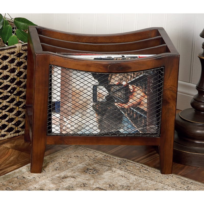 Wood 3 Slot Magazine Holder with Netting Side Panels - Brown - Roche River Decor - 11"Wx15"Lx13"H