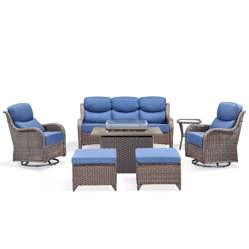 Pocassy 7 Pieces Outdoor 6 Inch Sofa Swivel Chair Ottoman with Fire Table