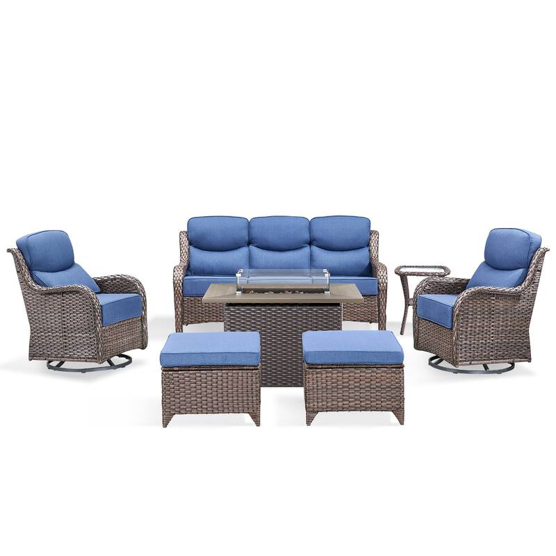 Pocassy Outdoor 6 Inch Sofa Glider Chairs Ottoman with Fire Table Set